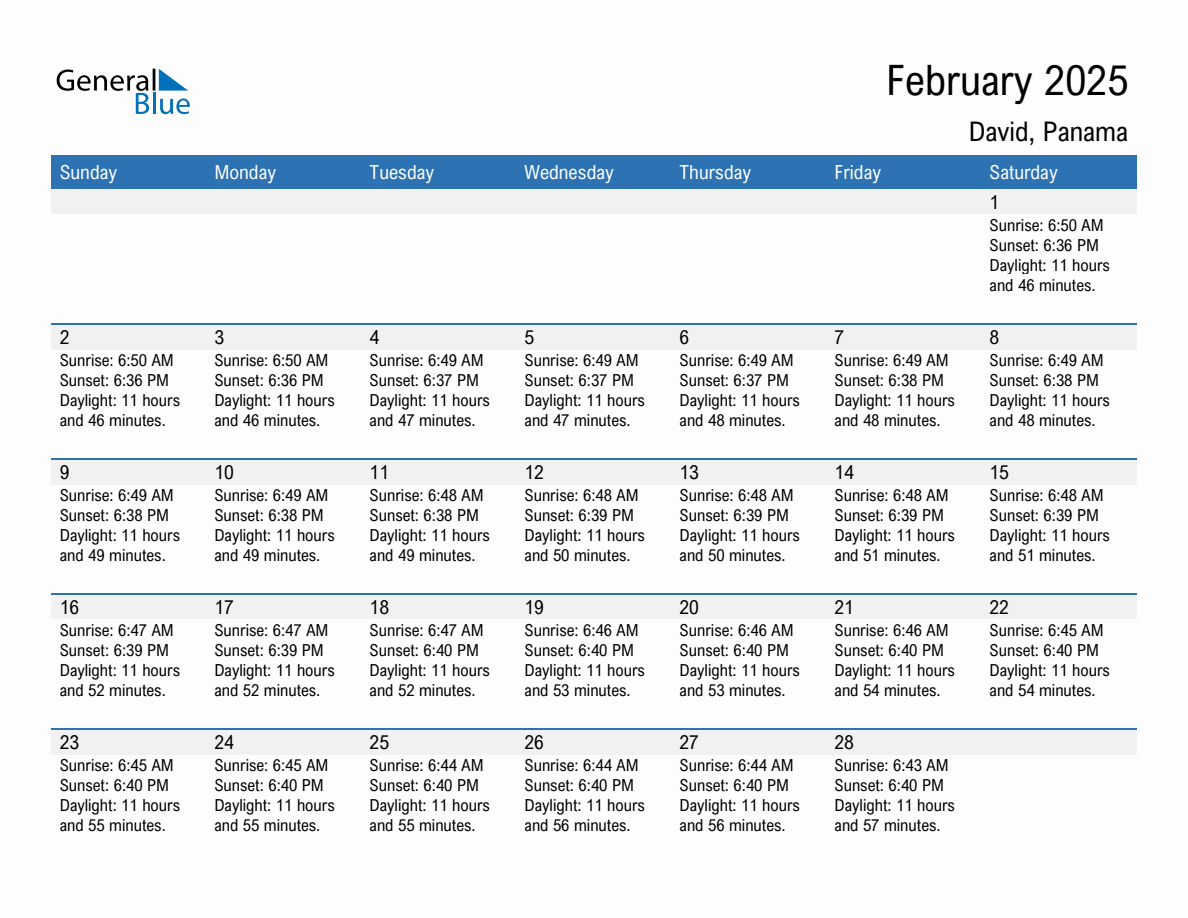 February 2025 sunrise and sunset calendar for David