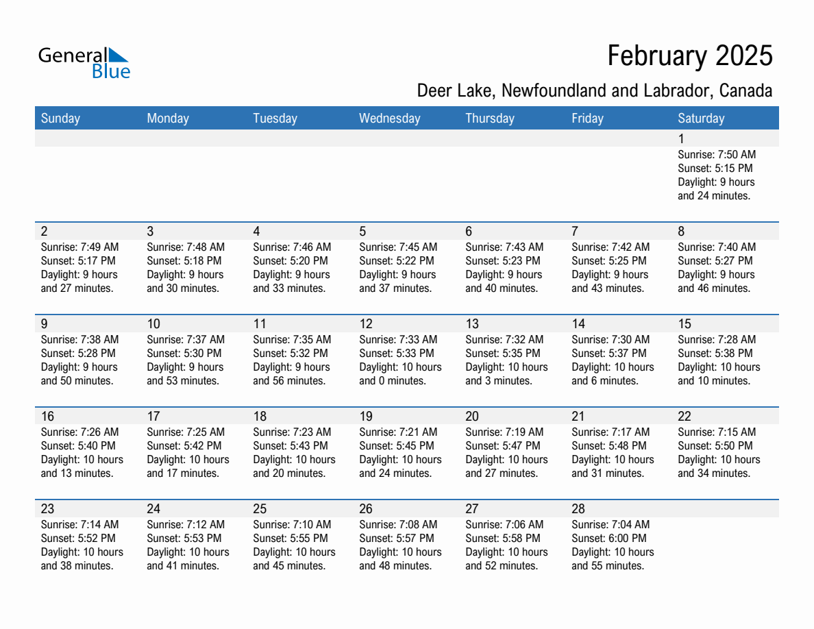 February 2025 sunrise and sunset calendar for Deer Lake