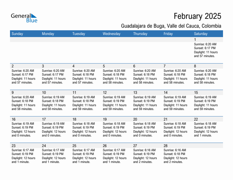 Guadalajara de Buga February 2025 sunrise and sunset calendar in PDF, Excel, and Word