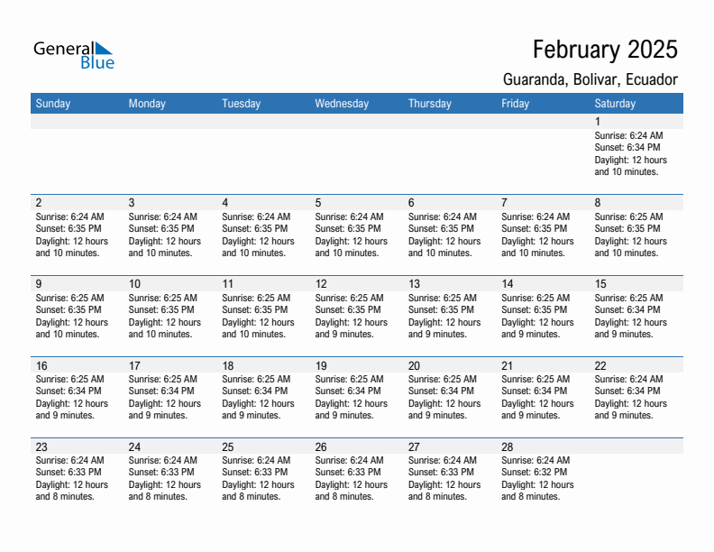 Guaranda February 2025 sunrise and sunset calendar in PDF, Excel, and Word