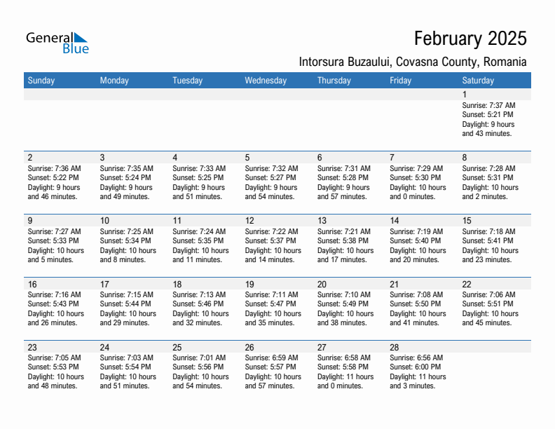 Intorsura Buzaului February 2025 sunrise and sunset calendar in PDF, Excel, and Word