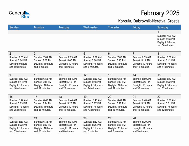 Korcula February 2025 sunrise and sunset calendar in PDF, Excel, and Word