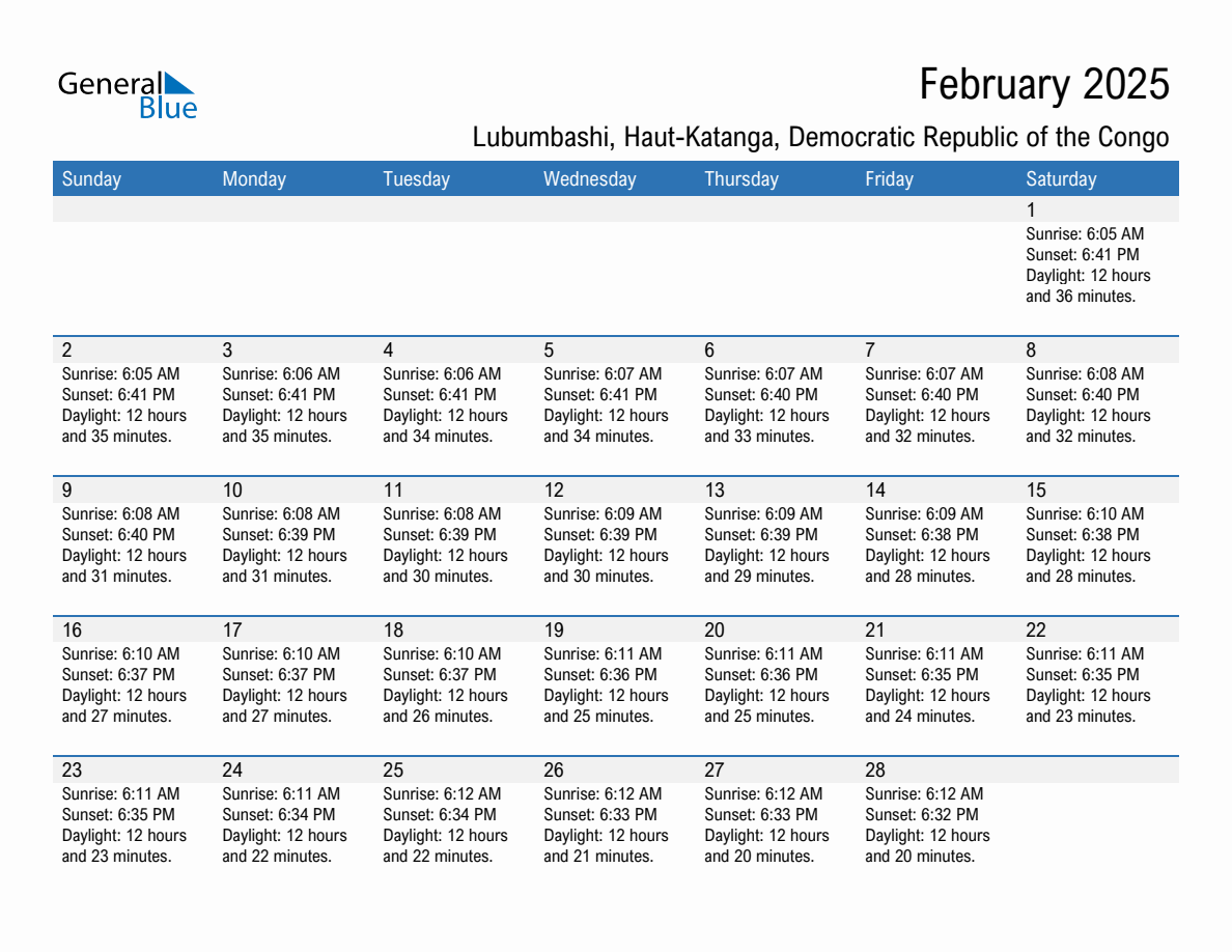 February 2025 sunrise and sunset calendar for Lubumbashi