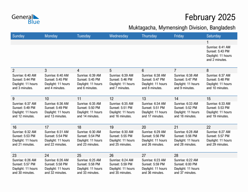 Muktagacha February 2025 sunrise and sunset calendar in PDF, Excel, and Word