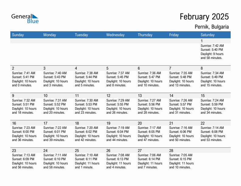 Pernik February 2025 sunrise and sunset calendar in PDF, Excel, and Word