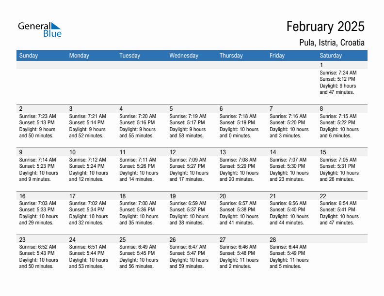 Pula February 2025 sunrise and sunset calendar in PDF, Excel, and Word