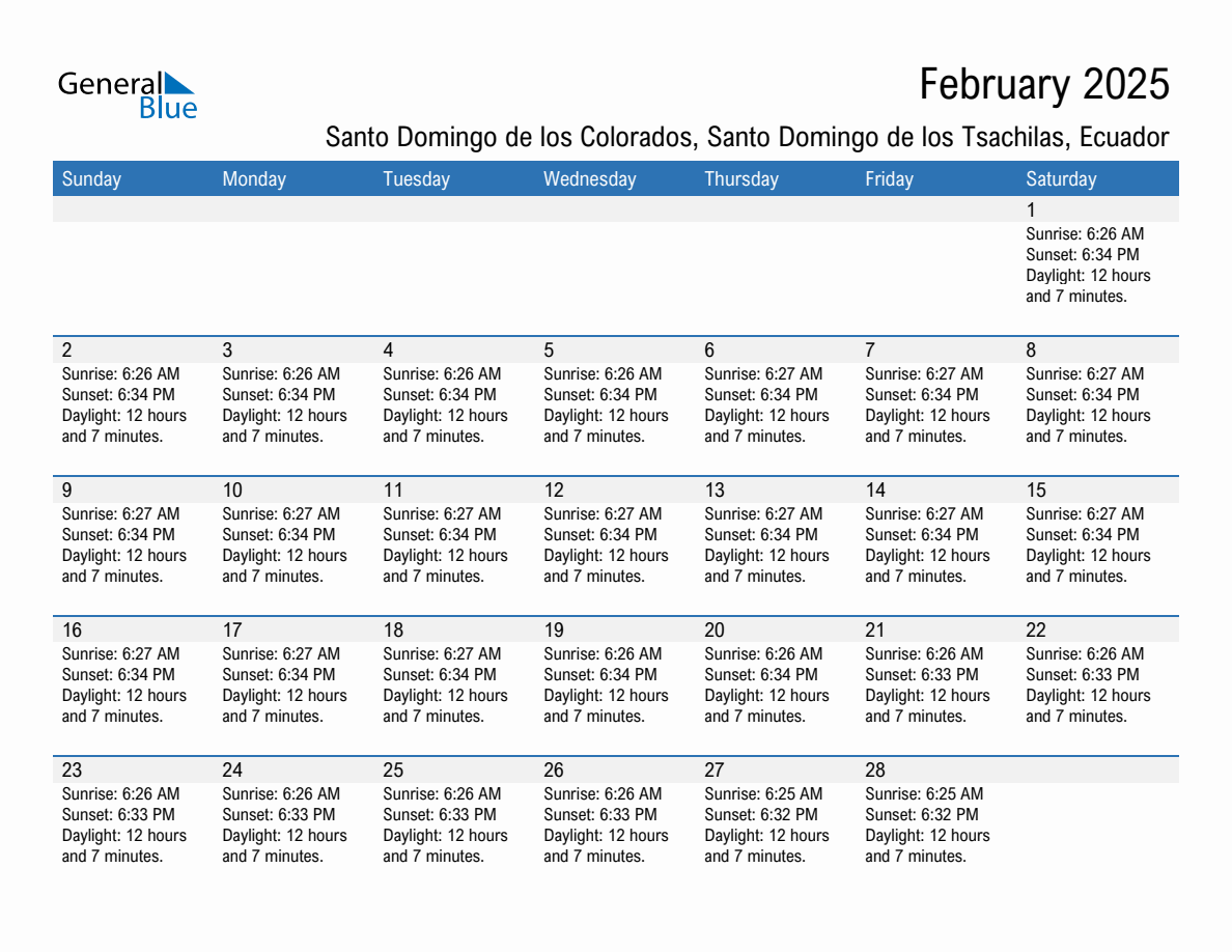 February 2025 sunrise and sunset calendar for Santo Domingo de los Colorados