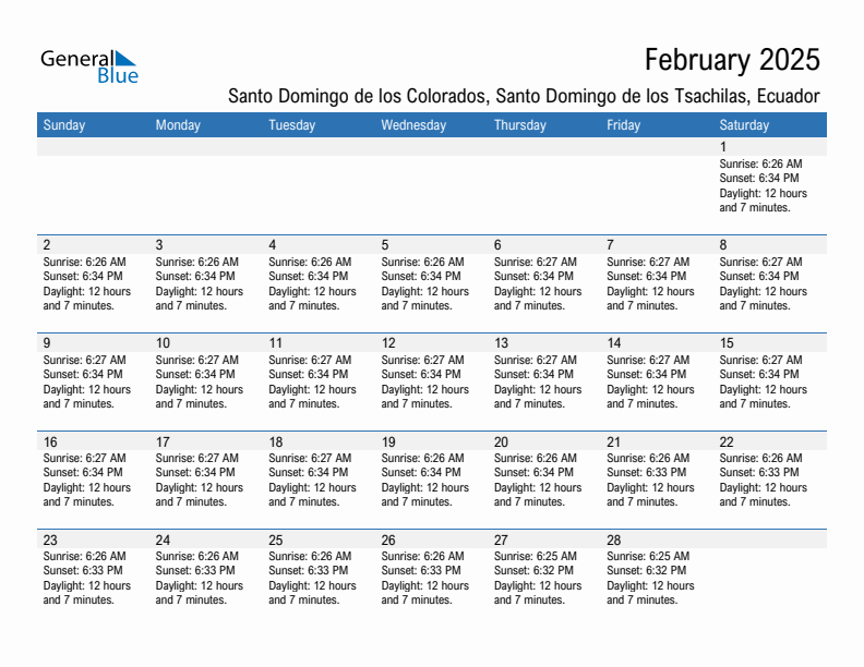 Santo Domingo de los Colorados February 2025 sunrise and sunset calendar in PDF, Excel, and Word