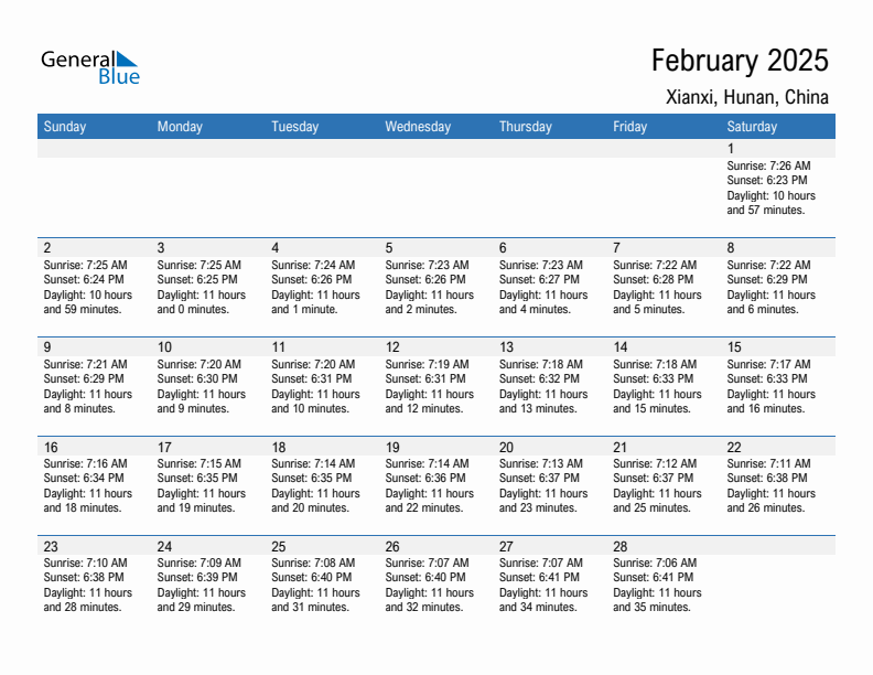 Xianxi February 2025 sunrise and sunset calendar in PDF, Excel, and Word