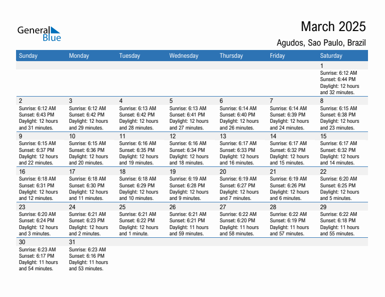 Agudos March 2025 sunrise and sunset calendar in PDF, Excel, and Word