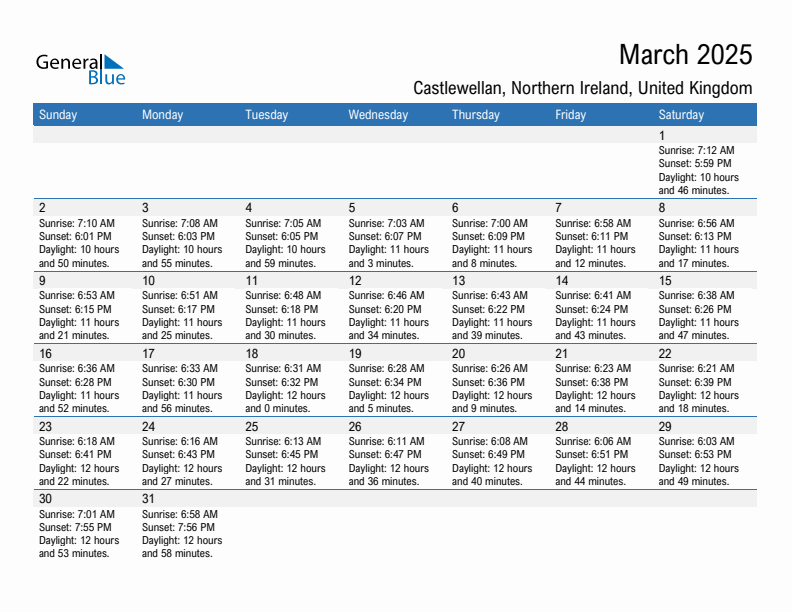 Castlewellan March 2025 sunrise and sunset calendar in PDF, Excel, and Word