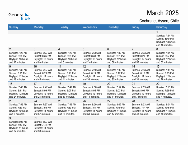 Cochrane March 2025 sunrise and sunset calendar in PDF, Excel, and Word