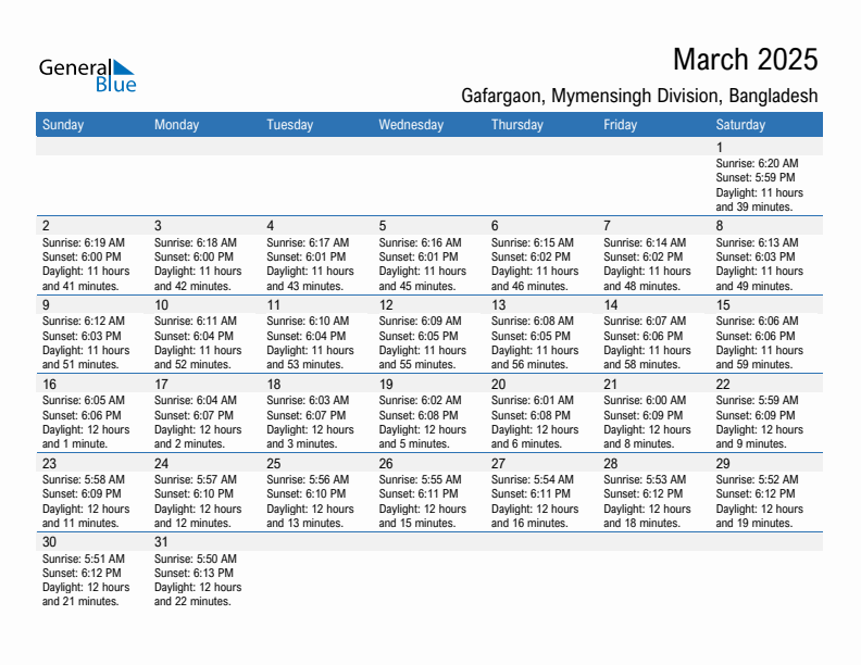 Gafargaon March 2025 sunrise and sunset calendar in PDF, Excel, and Word