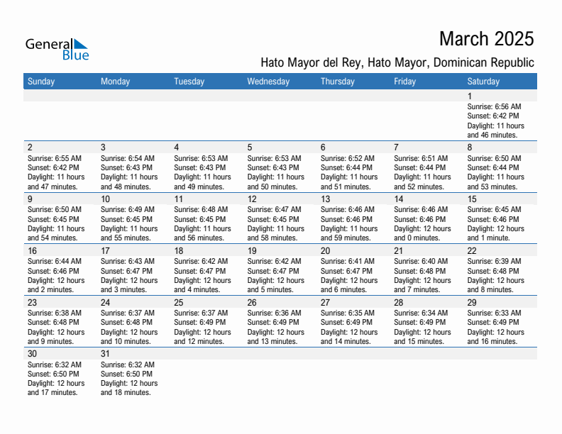 Hato Mayor del Rey March 2025 sunrise and sunset calendar in PDF, Excel, and Word