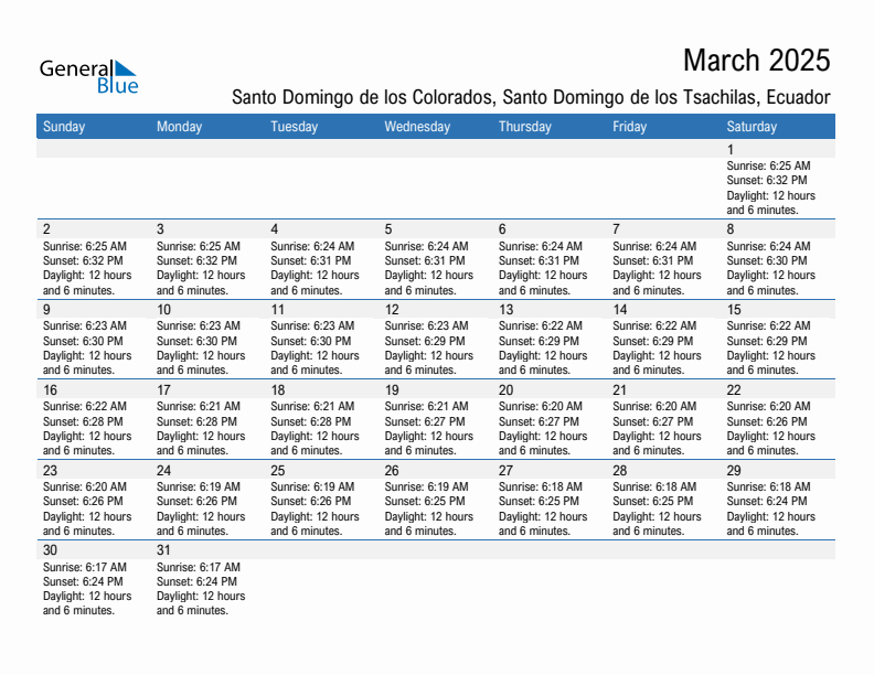 Santo Domingo de los Colorados March 2025 sunrise and sunset calendar in PDF, Excel, and Word