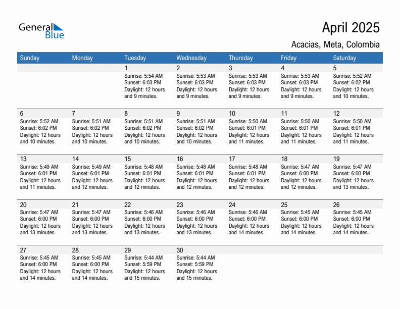 Acacias April 2025 sunrise and sunset calendar in PDF, Excel, and Word