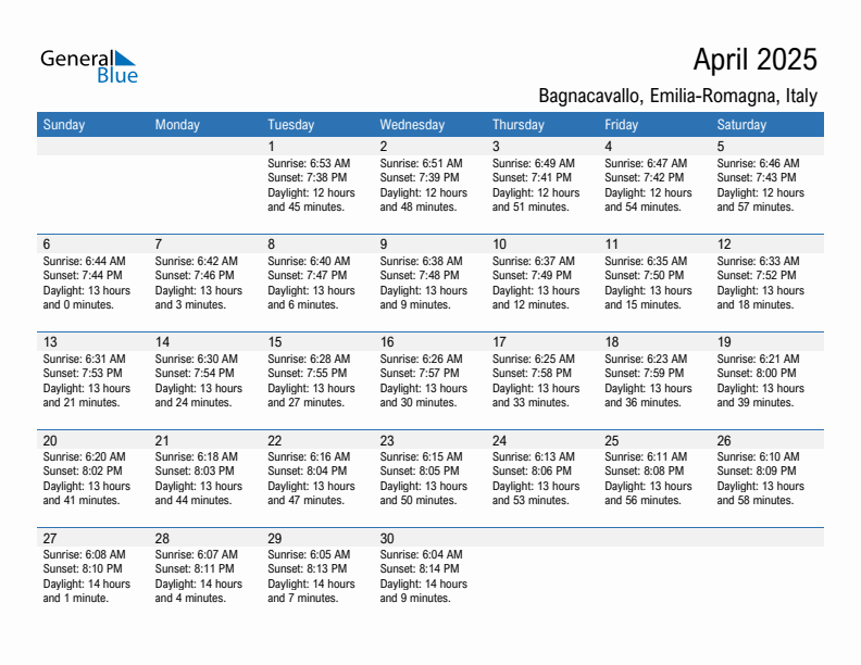 Bagnacavallo April 2025 sunrise and sunset calendar in PDF, Excel, and Word