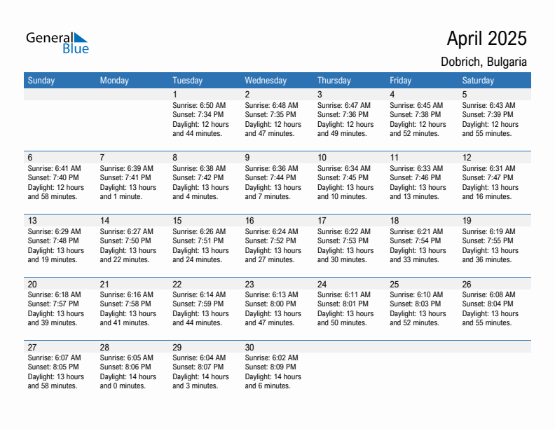 Dobrich April 2025 sunrise and sunset calendar in PDF, Excel, and Word