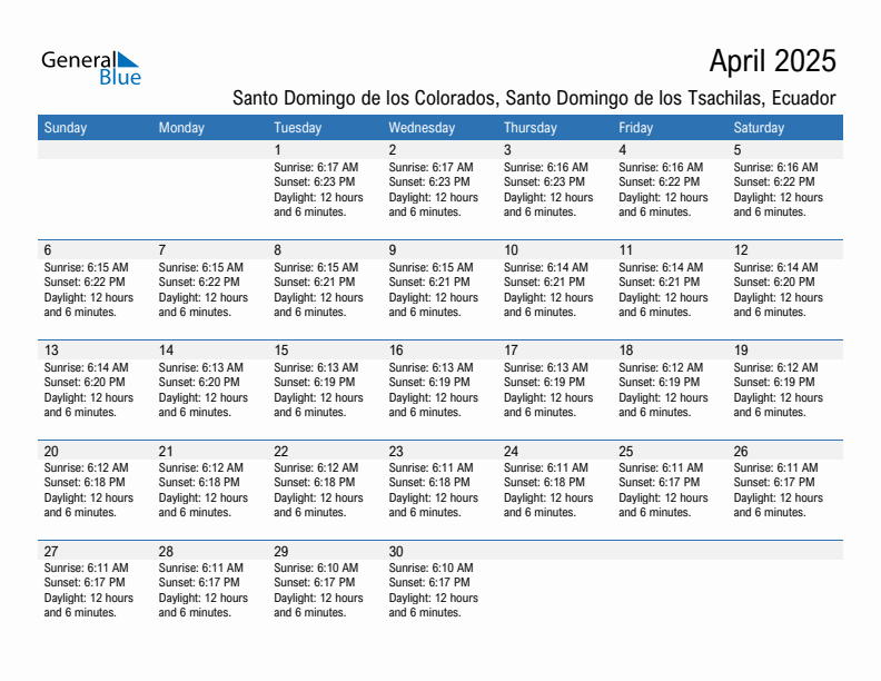 Santo Domingo de los Colorados April 2025 sunrise and sunset calendar in PDF, Excel, and Word