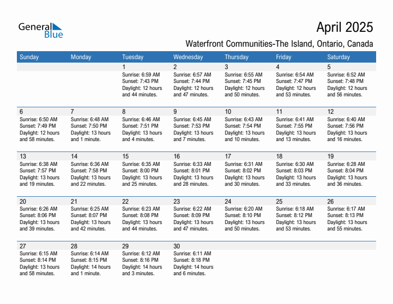 Waterfront Communities-The Island April 2025 sunrise and sunset calendar in PDF, Excel, and Word