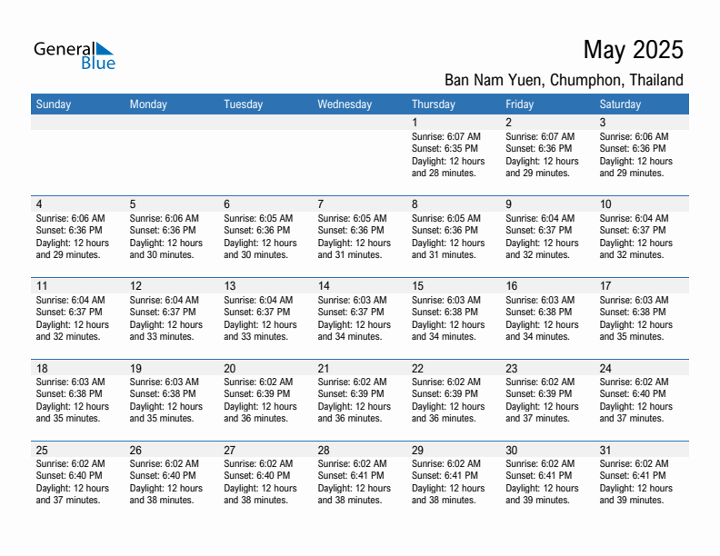 Ban Nam Yuen May 2025 sunrise and sunset calendar in PDF, Excel, and Word