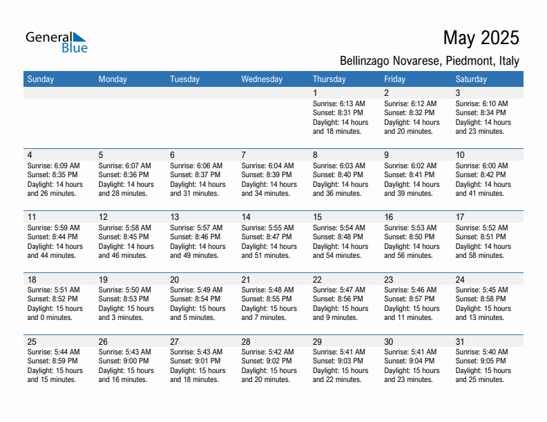 Bellinzago Novarese May 2025 sunrise and sunset calendar in PDF, Excel, and Word