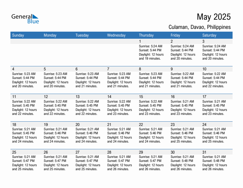 Culaman May 2025 sunrise and sunset calendar in PDF, Excel, and Word