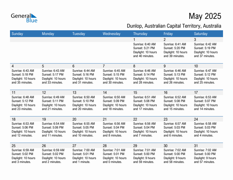 Dunlop May 2025 sunrise and sunset calendar in PDF, Excel, and Word