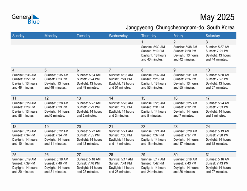 Jangpyeong May 2025 sunrise and sunset calendar in PDF, Excel, and Word