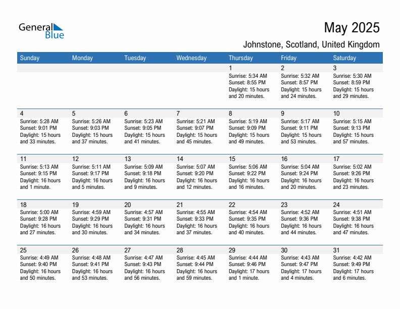 Johnstone May 2025 sunrise and sunset calendar in PDF, Excel, and Word