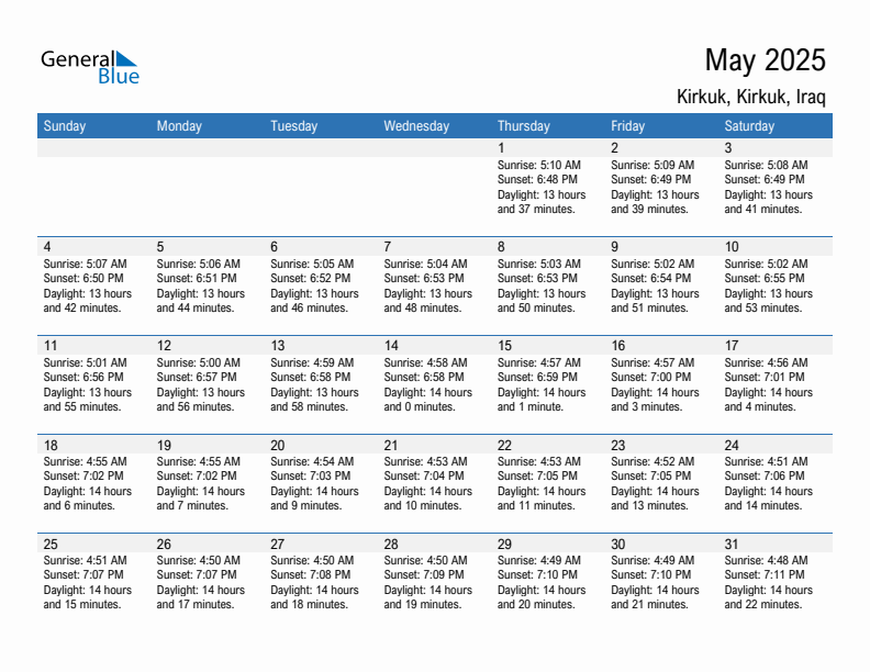 Kirkuk May 2025 sunrise and sunset calendar in PDF, Excel, and Word