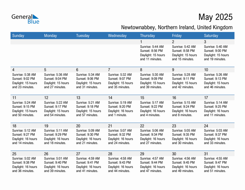 Newtownabbey May 2025 sunrise and sunset calendar in PDF, Excel, and Word