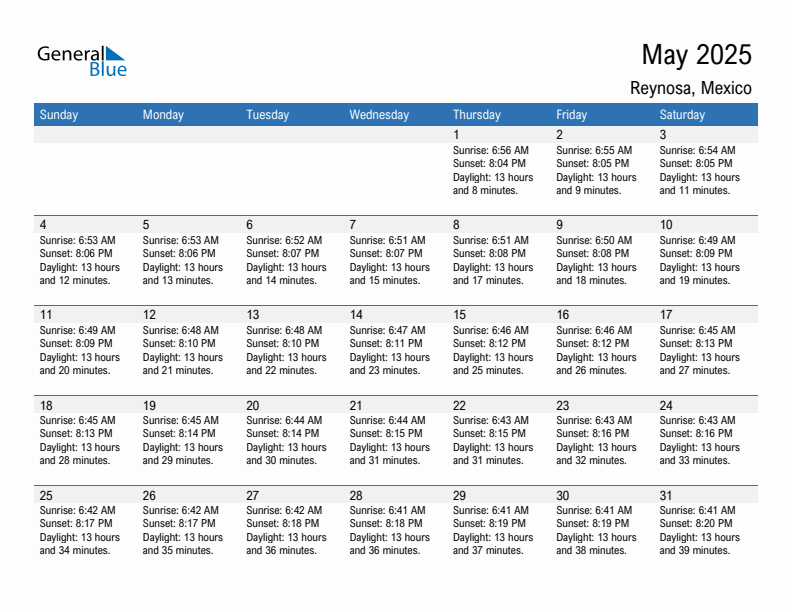 Reynosa May 2025 sunrise and sunset calendar in PDF, Excel, and Word