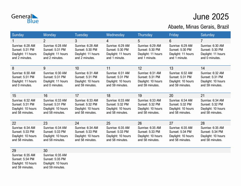 Abaete June 2025 sunrise and sunset calendar in PDF, Excel, and Word