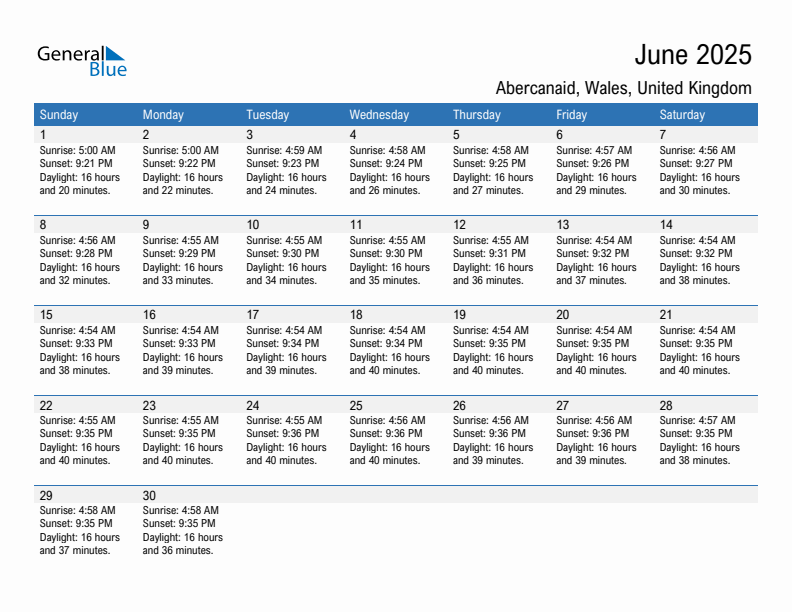 Abercanaid June 2025 sunrise and sunset calendar in PDF, Excel, and Word