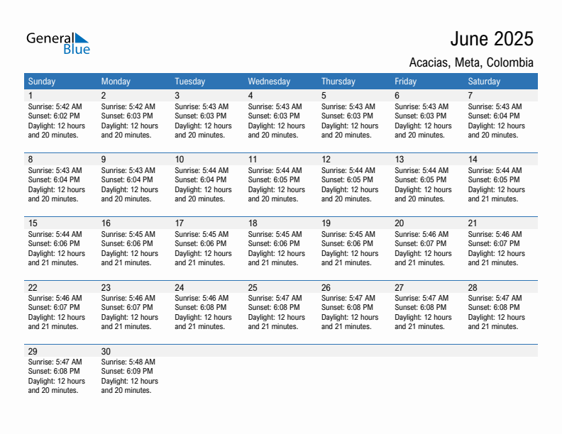 Acacias June 2025 sunrise and sunset calendar in PDF, Excel, and Word