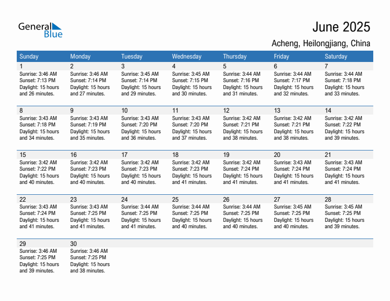 Acheng June 2025 sunrise and sunset calendar in PDF, Excel, and Word