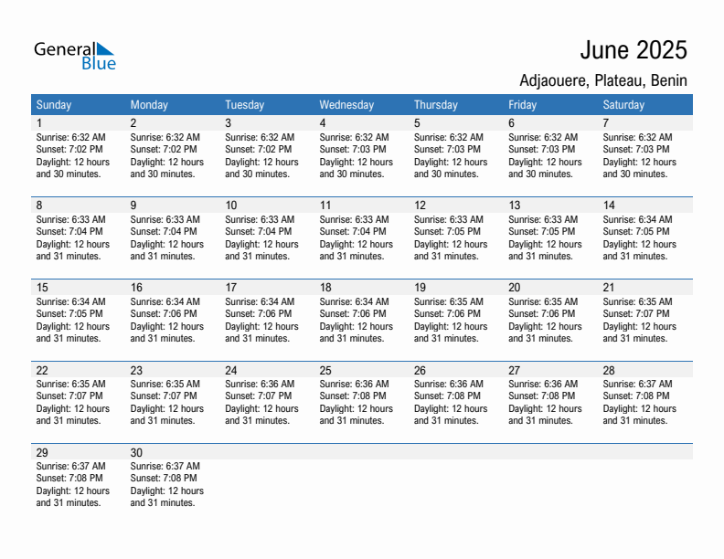 Adjaouere June 2025 sunrise and sunset calendar in PDF, Excel, and Word