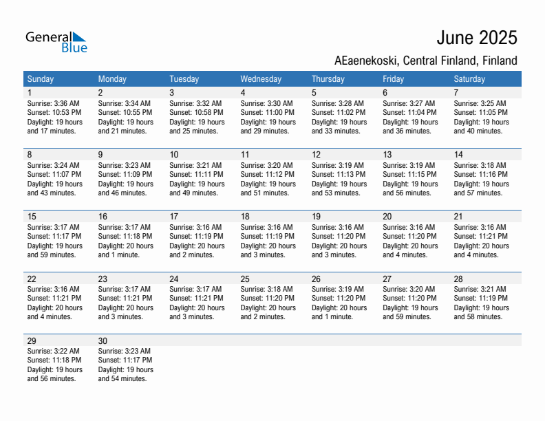 AEaenekoski June 2025 sunrise and sunset calendar in PDF, Excel, and Word