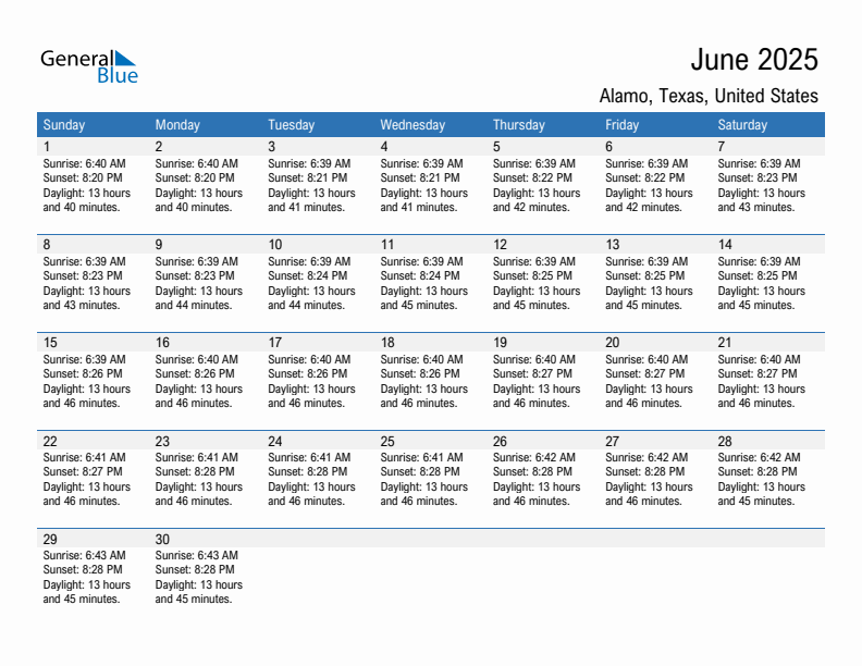 Alamo June 2025 sunrise and sunset calendar in PDF, Excel, and Word