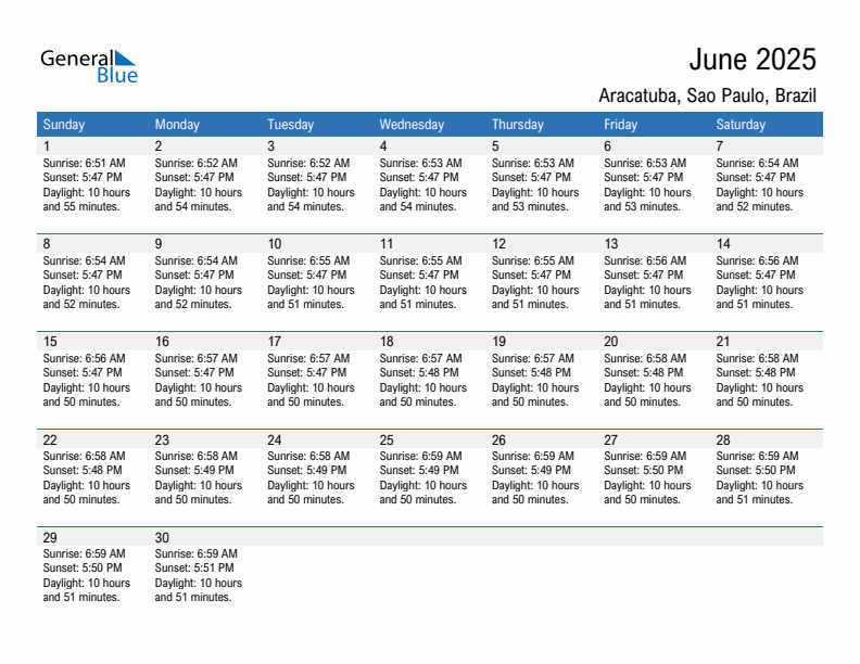 Aracatuba June 2025 sunrise and sunset calendar in PDF, Excel, and Word