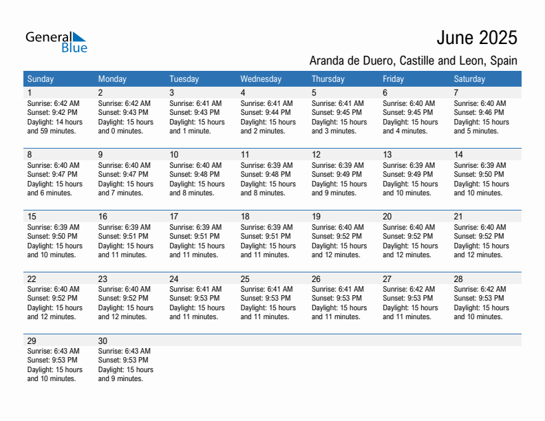 Aranda de Duero June 2025 sunrise and sunset calendar in PDF, Excel, and Word