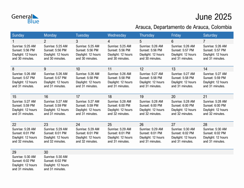 Arauca June 2025 sunrise and sunset calendar in PDF, Excel, and Word