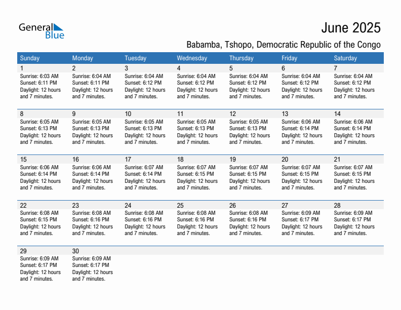 Babamba June 2025 sunrise and sunset calendar in PDF, Excel, and Word