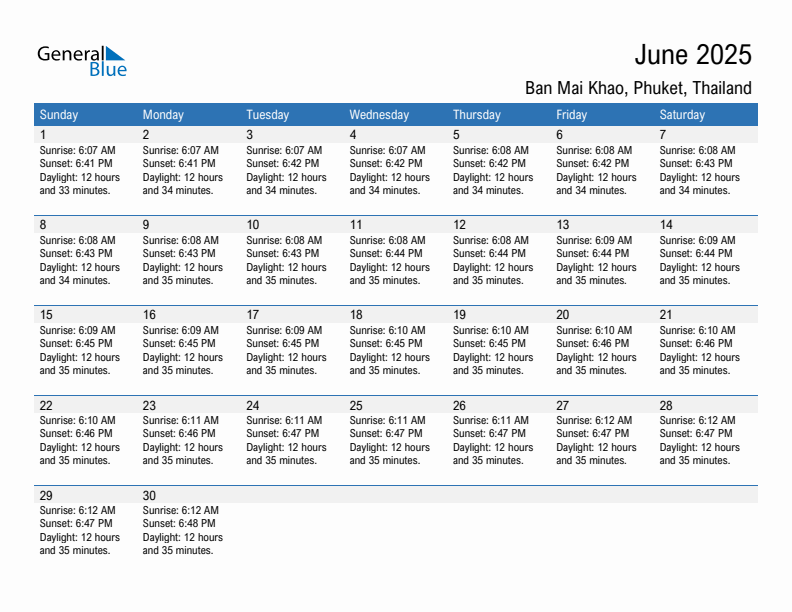 Ban Mai Khao June 2025 sunrise and sunset calendar in PDF, Excel, and Word