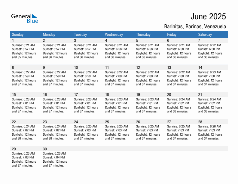 Barinitas June 2025 sunrise and sunset calendar in PDF, Excel, and Word