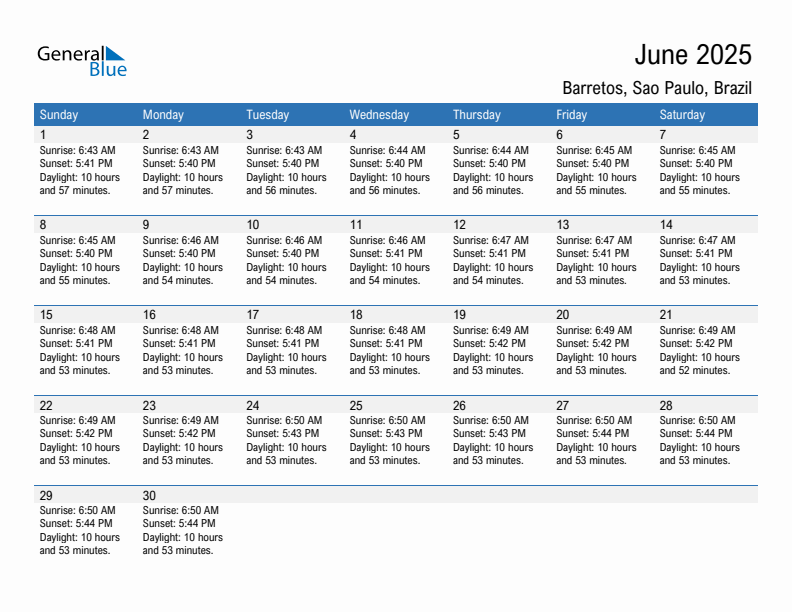 Barretos June 2025 sunrise and sunset calendar in PDF, Excel, and Word