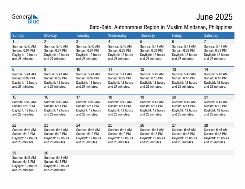 Bato-Bato June 2025 sunrise and sunset calendar in PDF, Excel, and Word