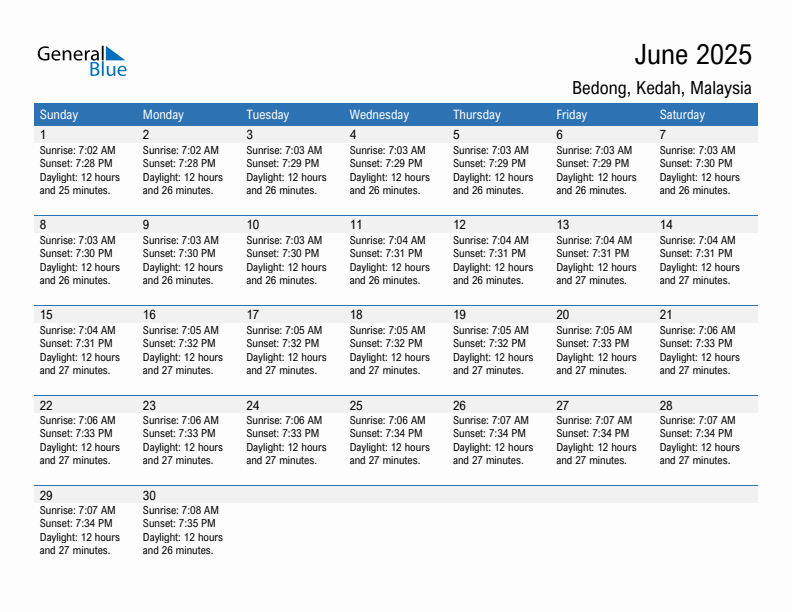 Bedong June 2025 sunrise and sunset calendar in PDF, Excel, and Word