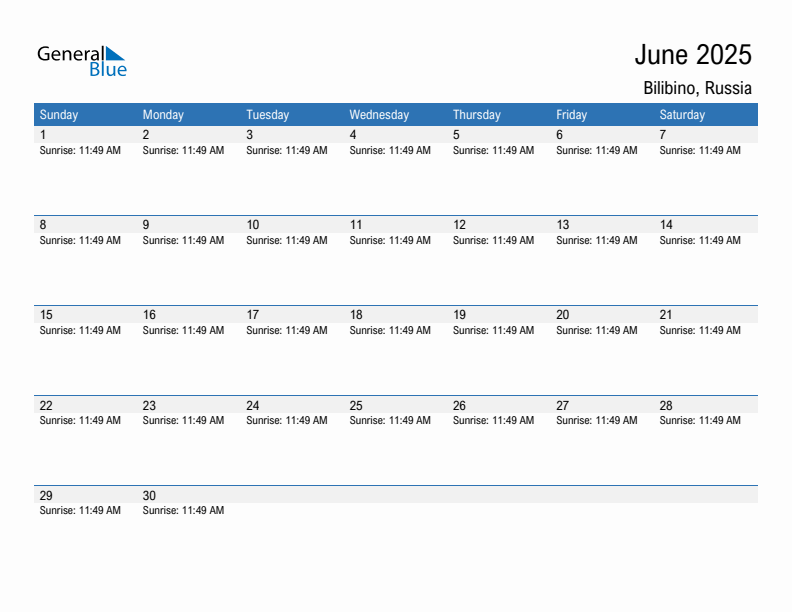 Bilibino June 2025 sunrise and sunset calendar in PDF, Excel, and Word